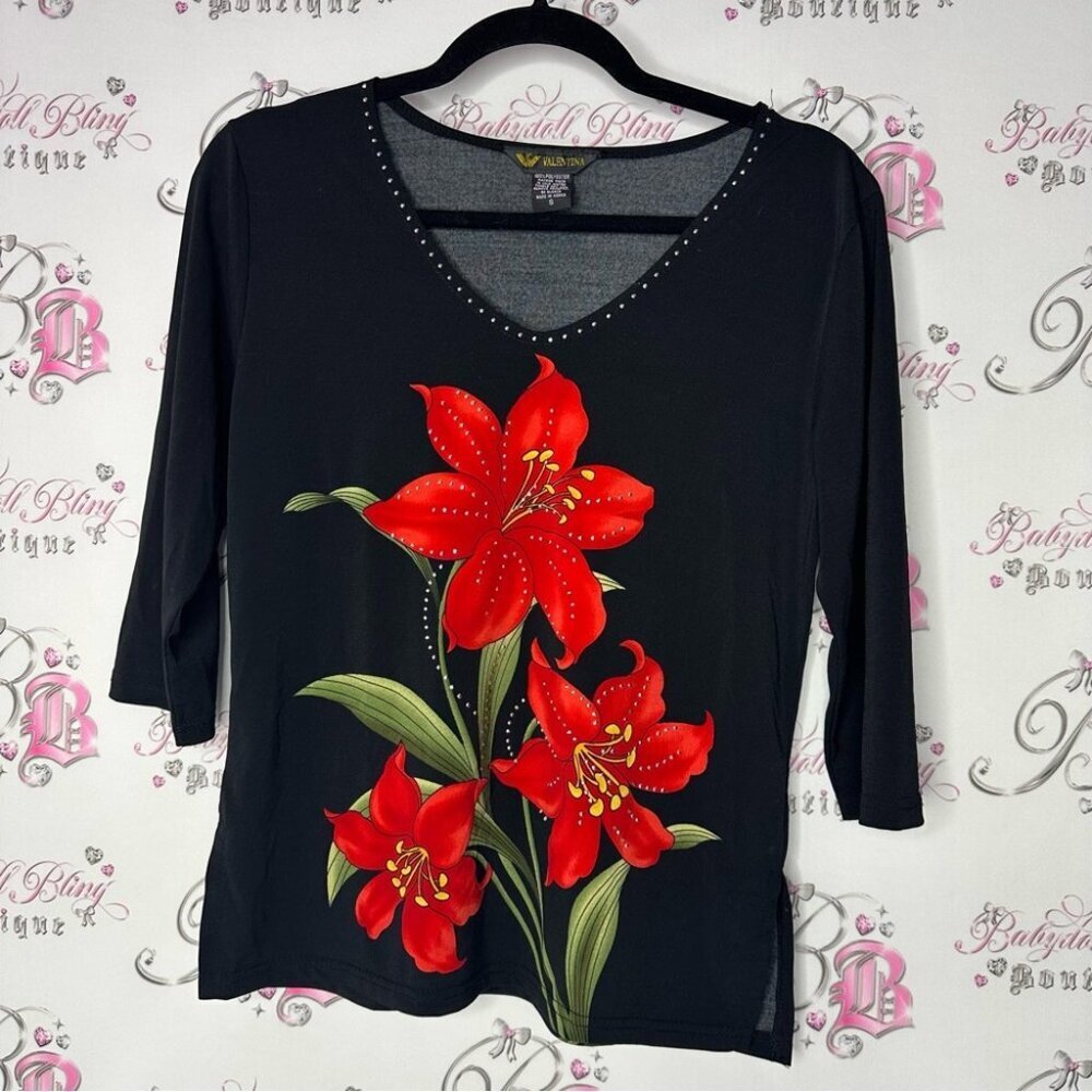 Valentina long sleeve rhinestone studded lily Floral Black Top with Red Flowers